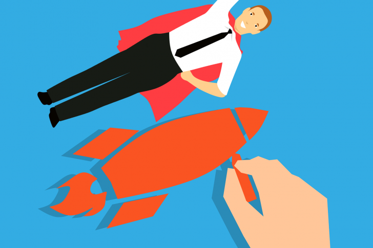 Scalable technology Picture of man and rocket flying side by side to represent scalable technology