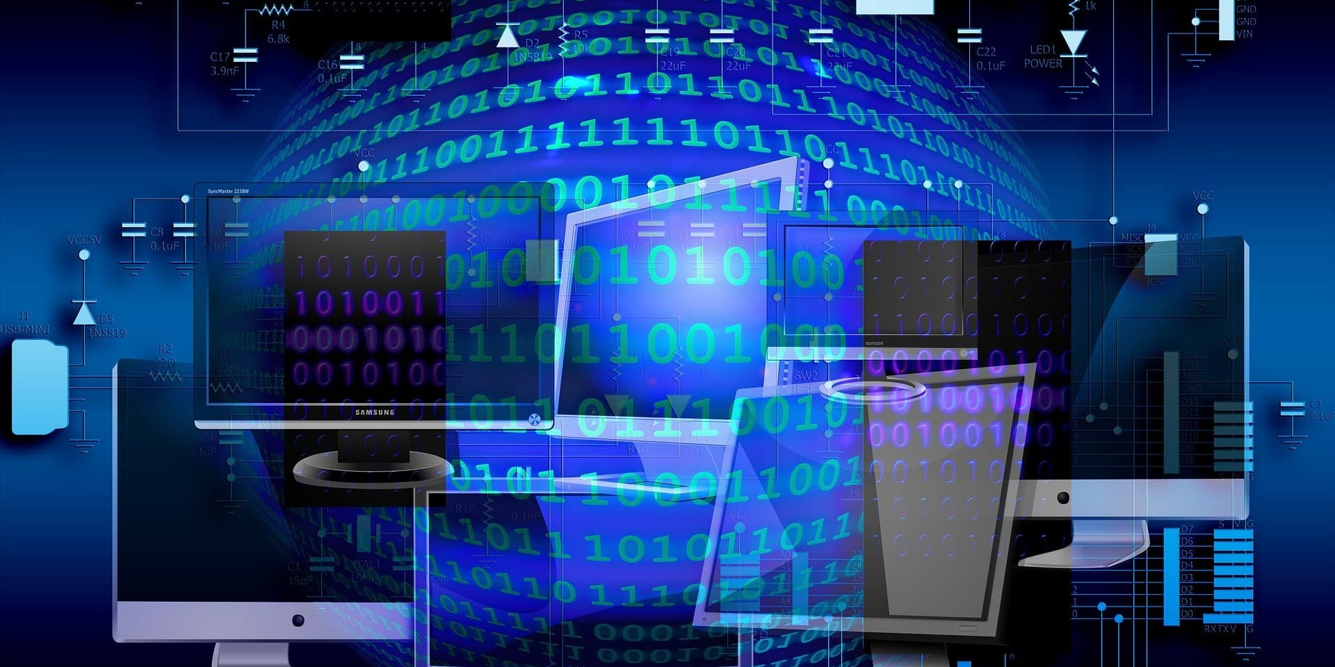 AI saving time board Image of screens and binary code to represent AI in business