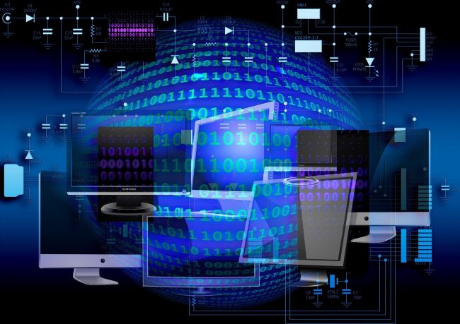 AI saving time board Image of screens and binary code to represent AI in business