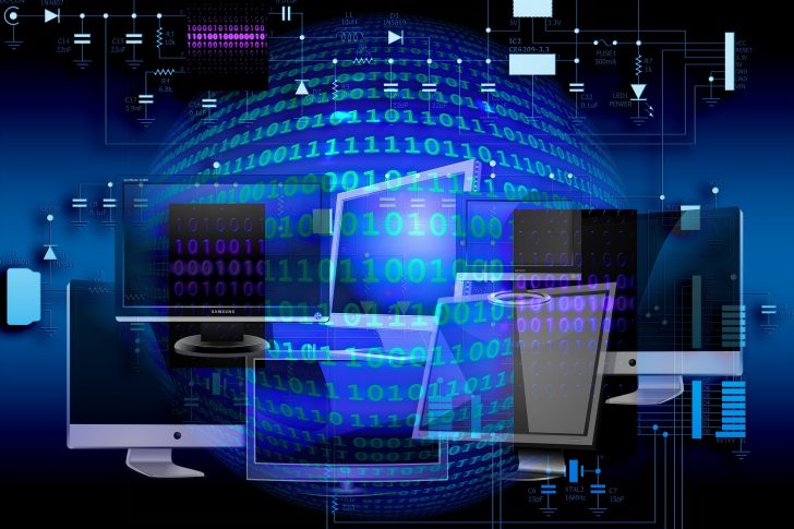 AI saving time board Image of screens and binary code to represent AI in business